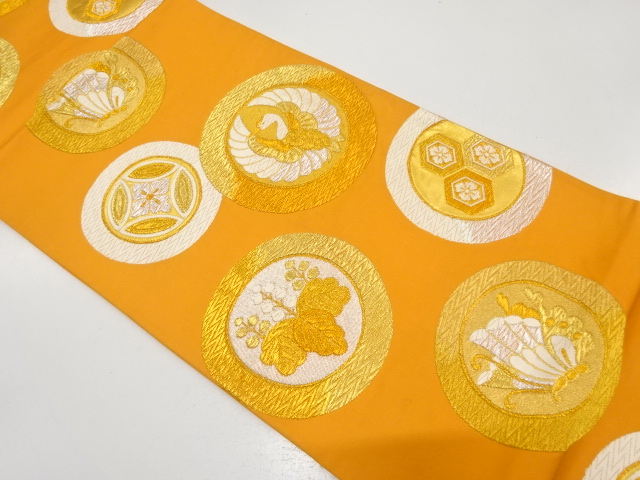 JAPANESE KIMONO / ANTIQUE FUKURO OBI / SILK / WOVEN CIRCLE & CRANE & PAULWONIA & SHIPPO